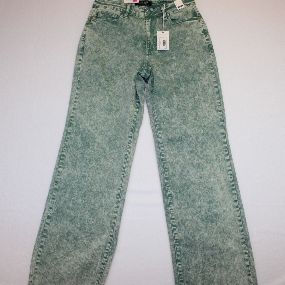 Judy Blue Green Acid Wash High Waist Dad Jeans 14W Straight Leg Raw Hem New/Tags